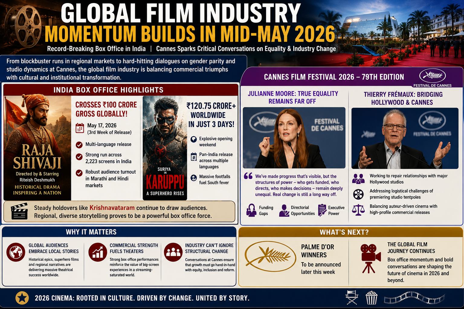 box office collection 2026, Raja Shivaji movie milestone, Karuppu box office worldwide, Cannes Film Festival 2026, Julianne Moore gender equality, global cinema trends, Riteish Deshmukh, entertainment news today
